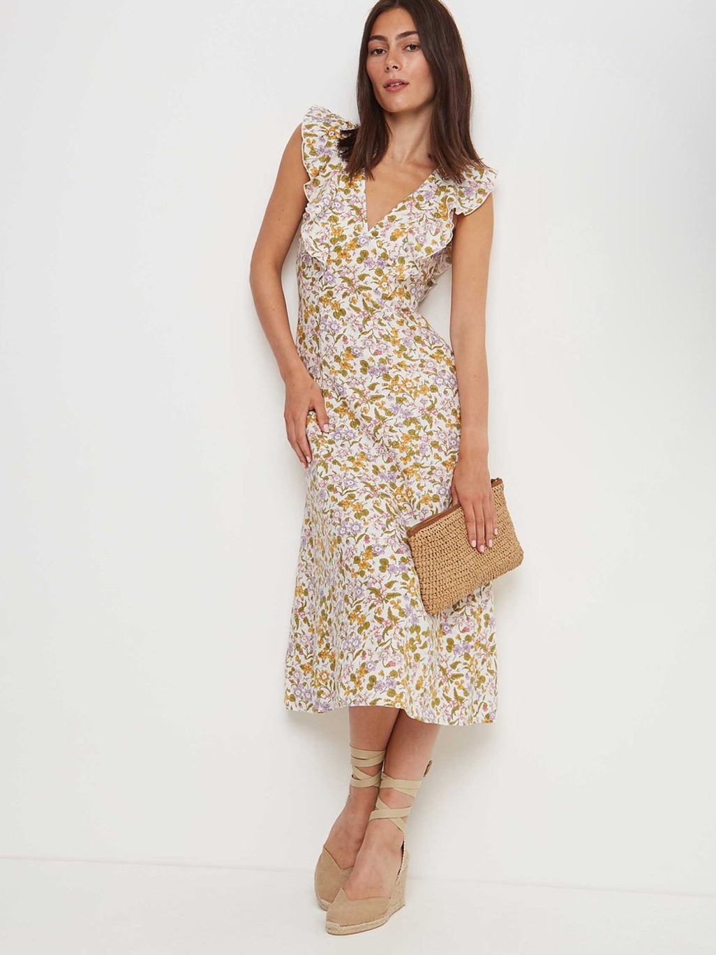 Rails Floral Ruffle V-Neck Midi Dress In White And Olive